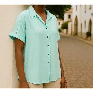 Felina LG Button Front Top Collared Short Sleeve Lace Detail Lightweight Shirt